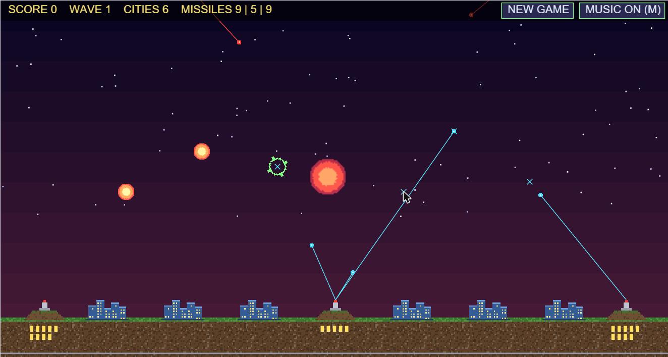 Screenshot: Missile Command 2D – Abwehrraketen und Explosionen über sechs Städten